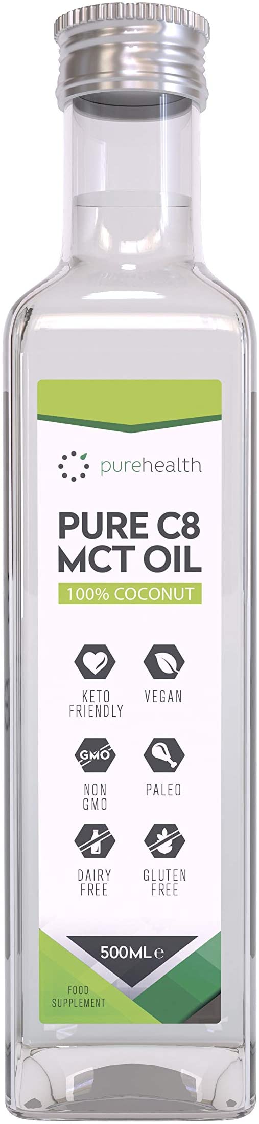  Huile de noix de coco MCT 100 Acide caprylique C8  Paleo  Cetone  Vegetalien  Sans gluten  Bouteille sans BPA 500ml Coco C8 