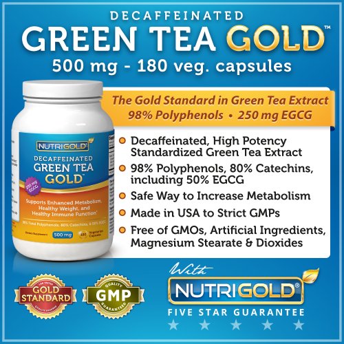 NutriGold Extrait de Thé Vert GOLD 500 mg, 180 capsules végétariennes - décaféiné vert Burner Supplément Tea Fat perte de poids (98% de polyphénols, 50% EGCG)