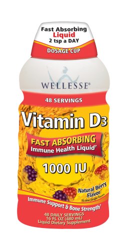 Wellesse vitamine D3 1000 UI liquide, arôme naturel de Berry, bouteille de 16 onces (Pack de 3)
