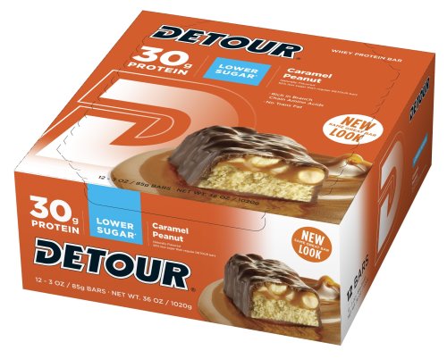 Detour Deluxe Whey Protein Energy Bar, Low Sugar, Caramel Peanut, 3 Ounce, 12-Count
