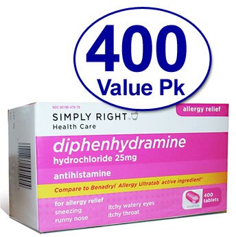 Diphenhydramine HCl 25 Mg Allergy Medicine and Antihistamine Compare to Active Ingredient of Benadryl® Allergy Generic - 400 Tablets