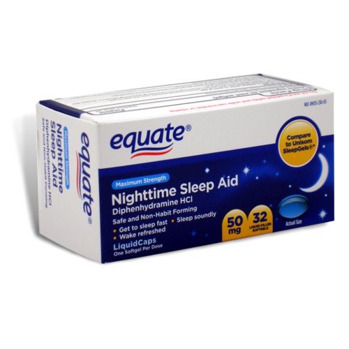 Equate - Nighttime Sleep Aid 50 mg, Maximum Strength, 32 gélules (Comparer à SleepGels Unisom)