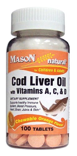 Mason Vitamins Cod Liver Oil With Vitamin A, C & D Orange Flavor Chewable Tablets, 100-Count Bottles (Pack of 4)