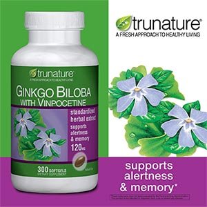 Ginkgo Biloba avec Vinpocetine Trunature, 300 gélules de 120 mg Ginkgo Biloba avec 5 mg Vinpocetine extraits d'herbes normalisés