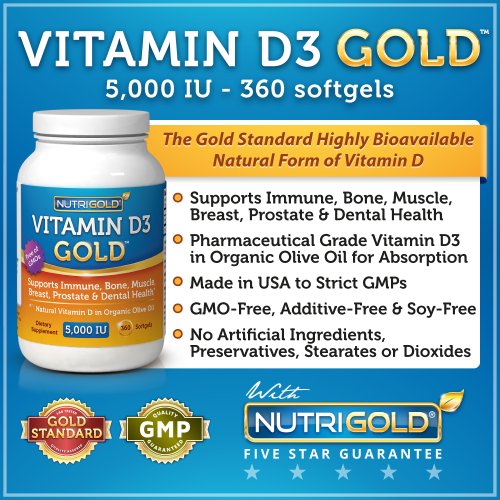La vitamine D3 5000 UI, 360 gélules Mini (sans OGM, sans conservateur, sans soja, USP grade Naturel vitamine D dans l'huile d'olive bio)