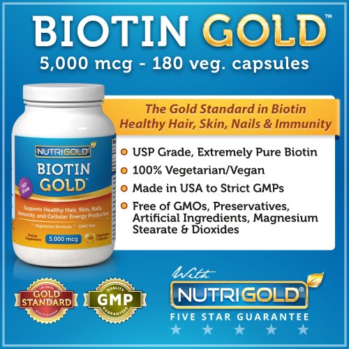 NutriGold Biotine 5000 mcg, 180 capsules végétariennes - La biotine Gold Standard pour la croissance des cheveux, de la peau et des ongles