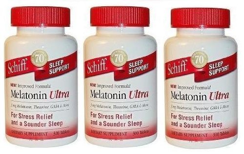 Schiff Mélatonine Ultra, pour soulager le stress et un sommeil plus profond, 3 mg de mélatonine, Tbeanine, GABA & More, 3 Bouteilles Chaque emballage