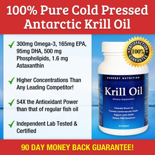 Everest Nutrition Huile de Krill - 100% pure pressée à froid krill de l'Antarctique à l'huile - Plus d'oméga-3: plus hauts niveaux de DHA, EPA et l'astaxanthine dans l'industrie - de 1250 mg / par portion - 60 capsules