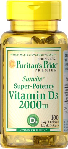La fierté de puritain Sunvite superbe Puissance Élevée en vitamine D3 2000 UI 100 Capsules